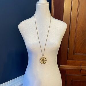 Gold and cream long  36” necklace with medallion.